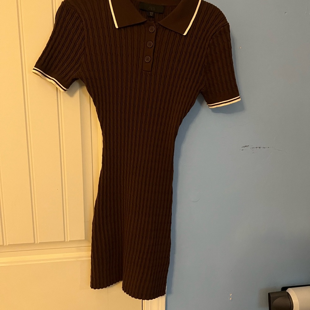Zara Chocolate Ribbed Polo Mini Dress